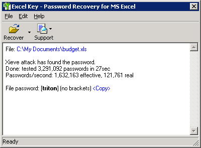 Excel Key recovers all types of passwords for Excel spreadsheet files (.xls).